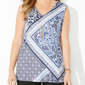 Catherines Anywear Navy/Blue Scarf Print V Neck Tank Top- 4X - NWT